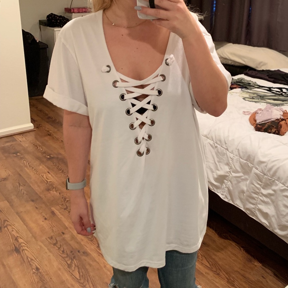 NWT LF Emma & Sam white lace up tee dress